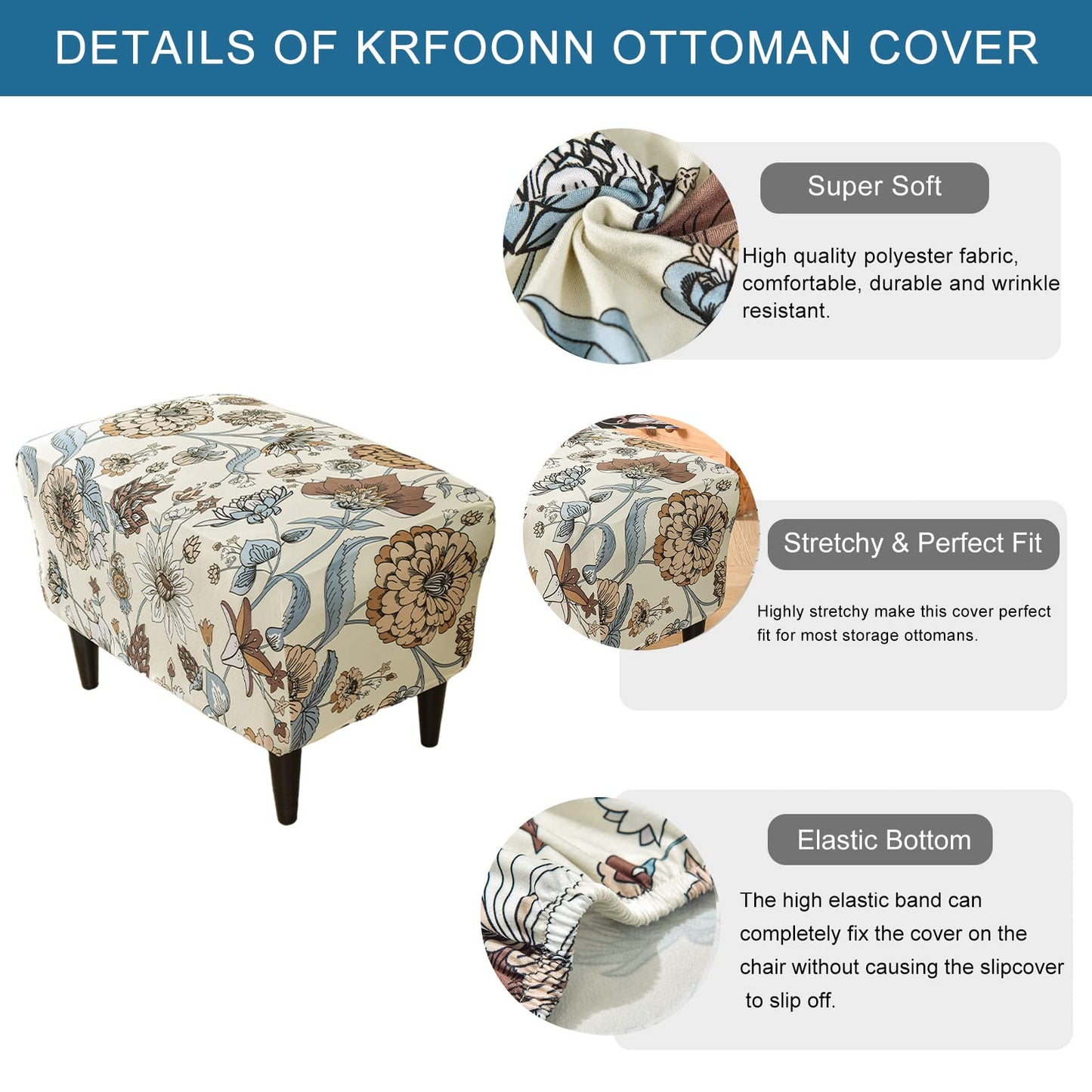 KRFOONN Ottoman Slipcovers Stretch Rectangle Footrest Stool Covers Printed Ottoman Cover for Foot Stool Furniture Protector with Non Slip Elastic Bottom(06, Large)
