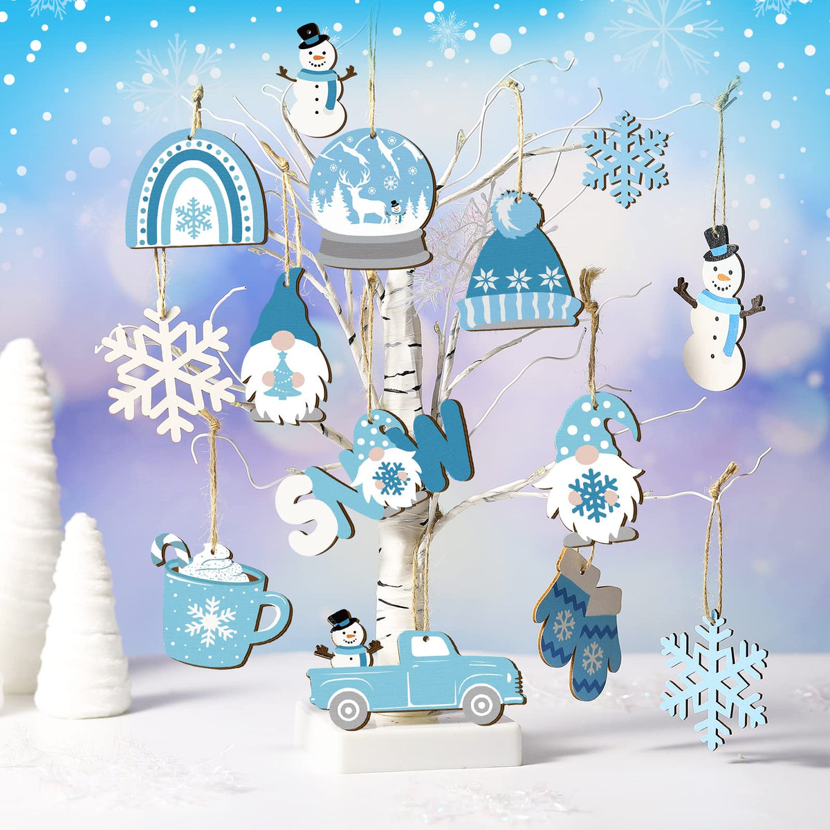 Chunful 36 Pieces Winter Frost Wood Ornaments Ice Bear Cedar Snowflake Glove Truck Hello Winter Ornaments Mini Welcome Christmas Tree Hanging Sign Decorations