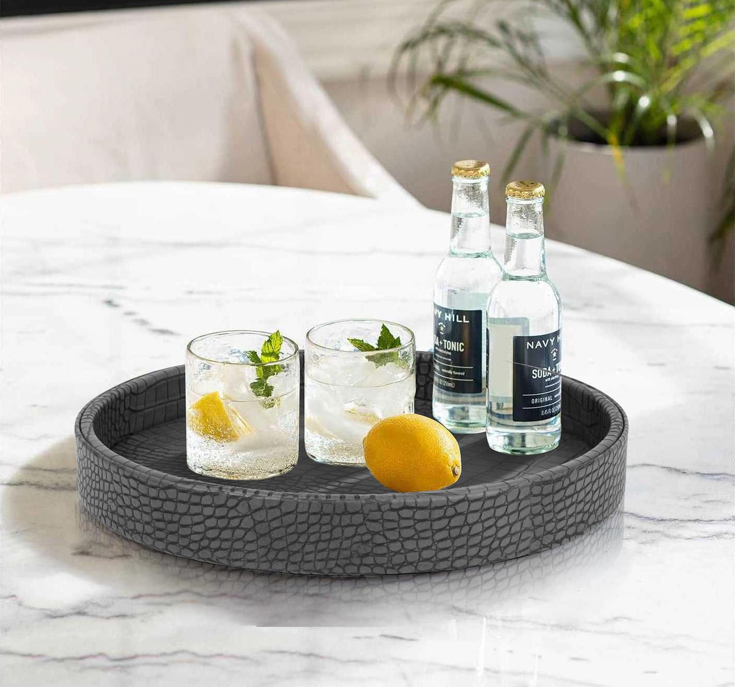 HofferRuffer Faux Leather Round Serving Tray, Vegan Croco Leather Decorative Tray, Food Tray for Storage Drinks, Snack & Cosmetics, Dia.12'' x 1.6'' (Dark Grey)