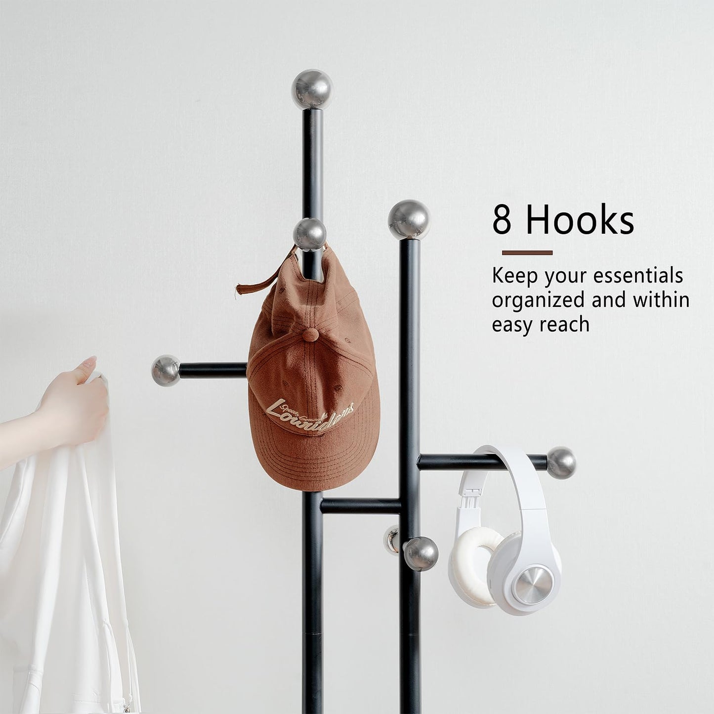 JIAYUEJU Coat Rack Freestanding with Marble Base, Heavy Duty Metal Clothes Rack, Corner Coat Tree Hat Rack for Entryway Bedroom Living Room Hotel 14.96 x 10.24 x 68.9 Inches (Black)