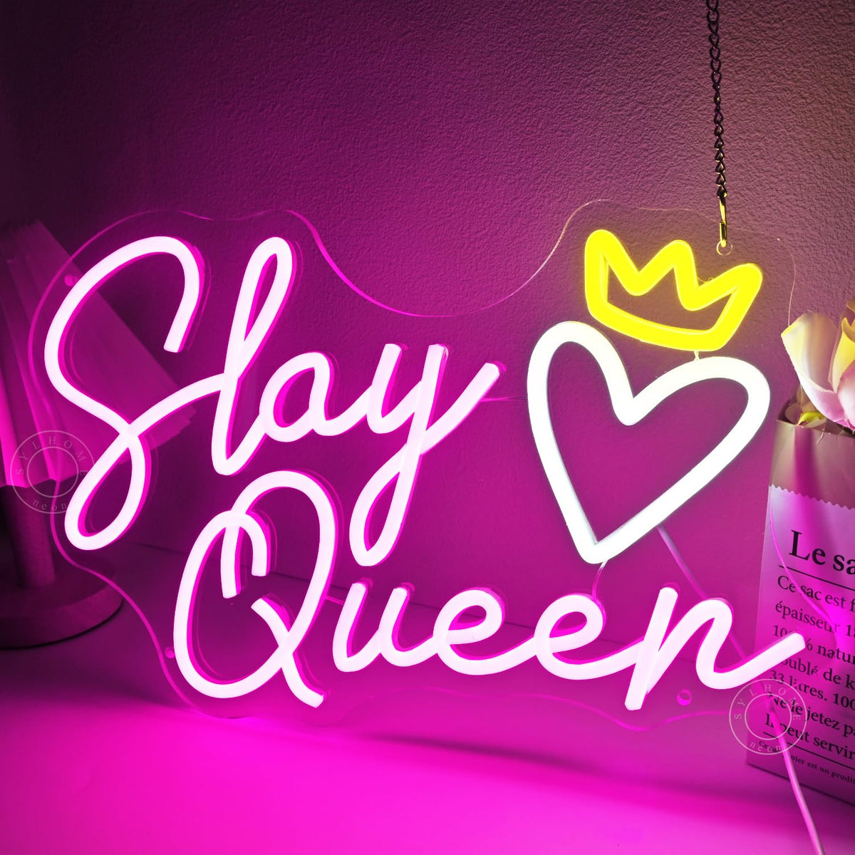 SYLHOME Slay Queen Led Neon Light Sign Heart Crown Bedroom Girls Game Room Cool Wall Sign Decor Teen Kids Birthday Party Decor 15.75" X 10.24" USB Dimmer