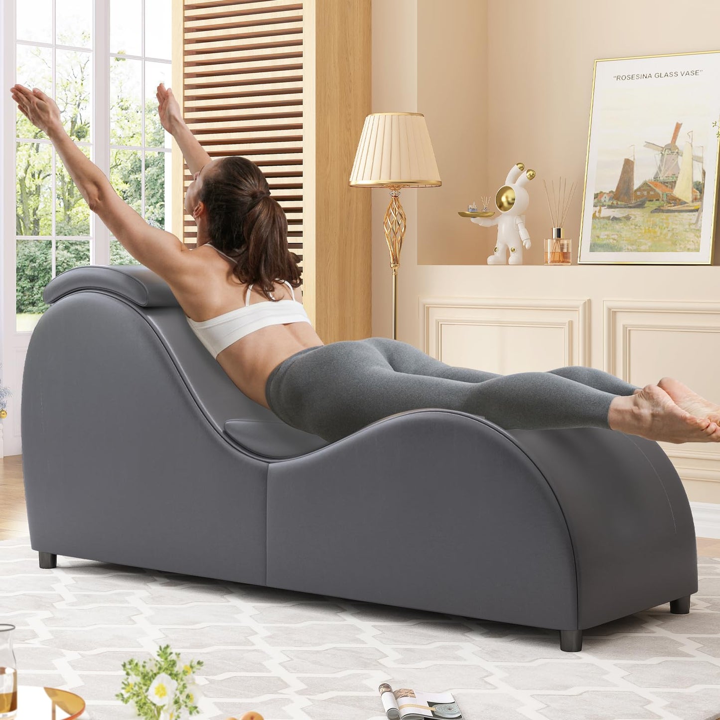 BALUS 60" Chaise Lounge Chair for Yoga Stretching, S-Shape Chair for Adults Exercising Relaxing, Faux Leather & Wooden Indoor Lounge for Living Room, Apartment, Office, Dark Grey