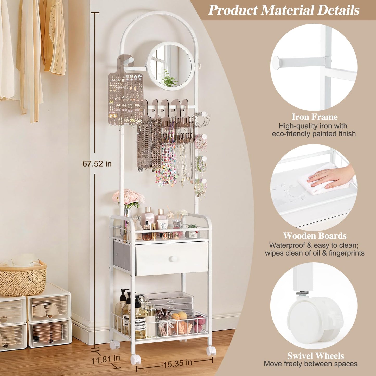 Keebofly Floor Jewelry Organizer with Adjustable Mirror, 67.52" Tall Jewelry Display Stand with 6 Acrylic Earring Necklace Pegboards, Mobile Jewelry Tower with Large Storage Drawer for Women
