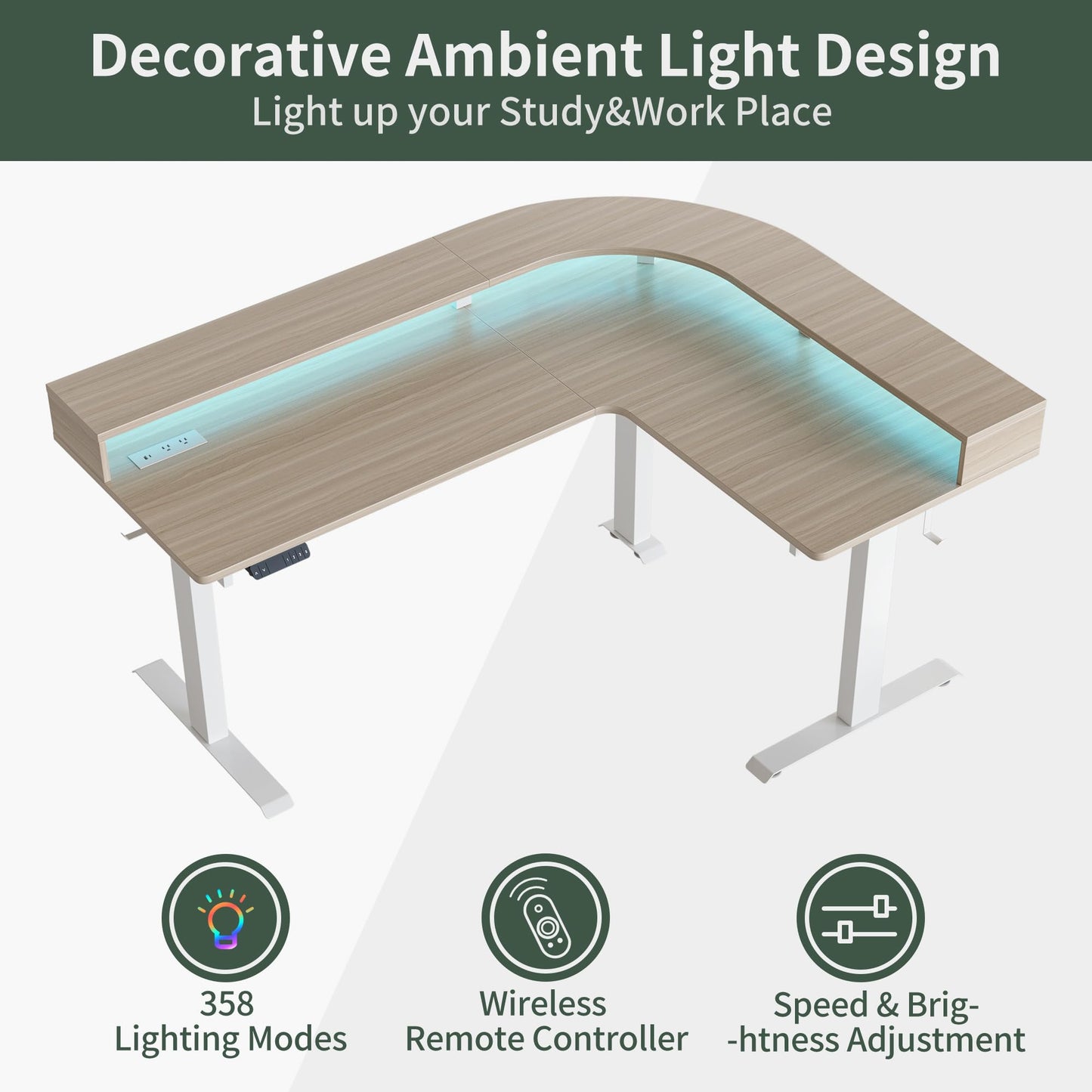 FEZIBO 63"x49" L Shaped Standing Desk with Arc LED & Power Outlet, Electric Height Adjustable L Shaped Computer Desk with Monitor Stand, for Gaming Office, Light Walnut