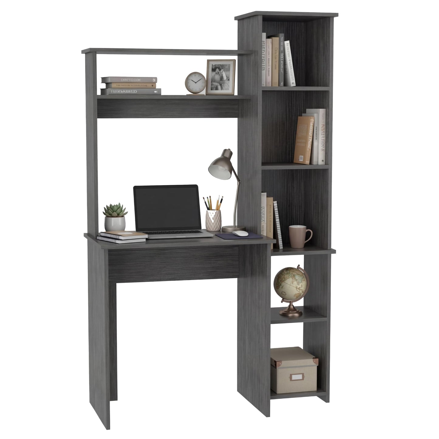 Tuhome Versalles Writing Desk with Two Superior Shelves, Five Side Open Storage Compartments, Space-Saving Modern Workstation Design for Studios and Offices, Ideal for Organization, Books
