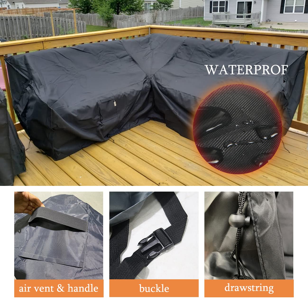 J&C Patio Furniture Covers V Shape Patio Sectional Covers Waterproof Outdoor Sofa Cover Heavy Duty 420D Patio Sectional Sofa Cover Patio Couch Covers Black Sectionals 118x118 Inch