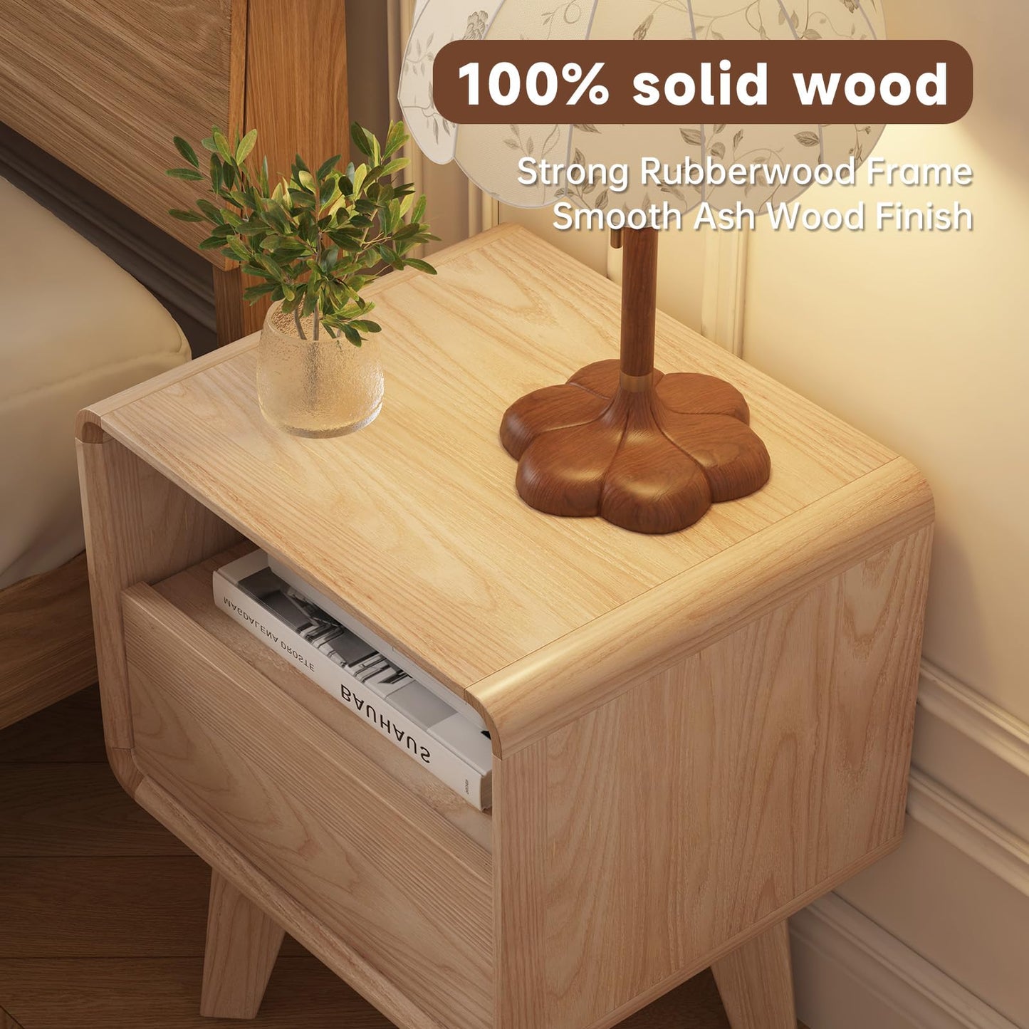 NKGIAG 100% Solid Wood Nightstand, Mid-Century Modern Night Stand with Drawer & Open Shelf, Compact Bedside Tables for Bedroom, Office, Small Spaces, Light Natural Finish, Pre-Assembled