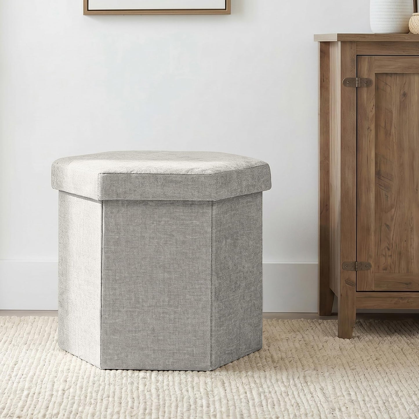 ZOLANOful Hexagon Storage Ottoman, Foldable Chenille FootRest with Hidden Storage, Small Ottoman Footstool for Living Room, Bedroom, Dorm, Entryway, 15 x 16.9 x 15 Inches, White