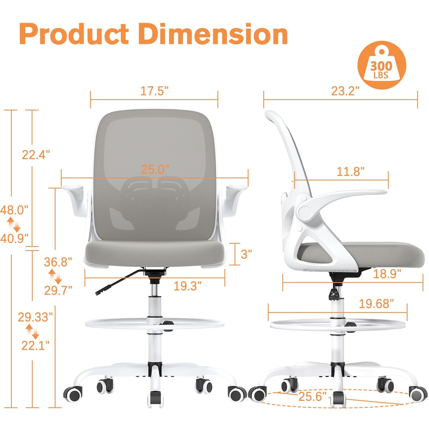 ORRSAKER Drafting Chair, Tall Office Chair with Flip-up Arms, Mesh Ergonomic Computer Standing Desk Chair with Adjustable Height Foot Ring and Lumbar Support, 300 LBS Capacity, Gray