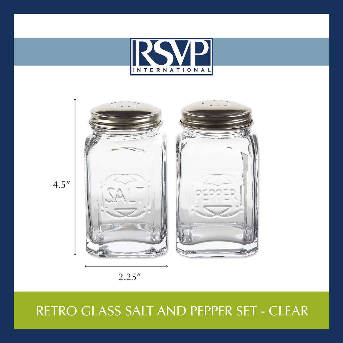 RSVP International Jumbo Retro Glass Salt & Pepper Shaker, Screw On Stainless Steel Lid, Each Shaker Holds 8 Ounces, Clear, 2.25x2.25x4.3, 2 Piece