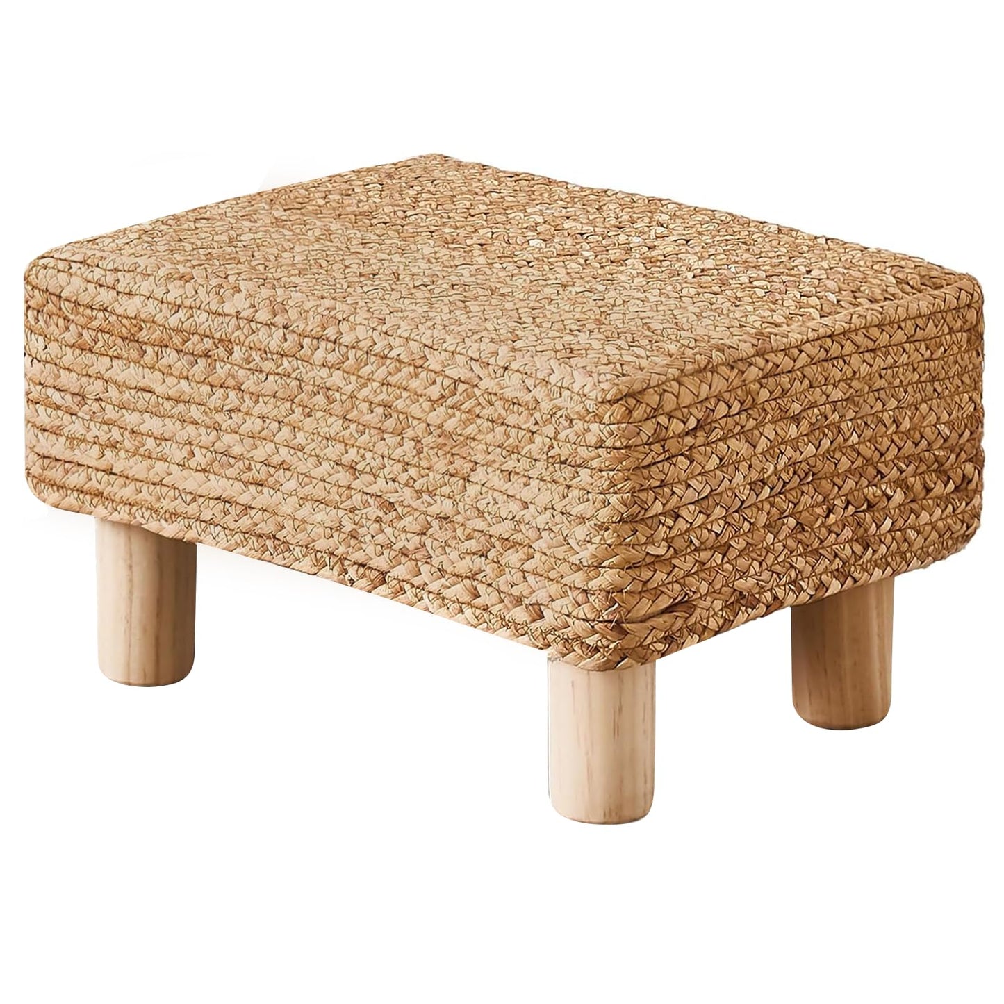 Wimarsbon Natural Seagrass Footstool Ottoman Rectangular Footrest Pouf Ottomans with Wooden Legs Hand Weave Step Stool for Living Room Bedroom Entryway Natural