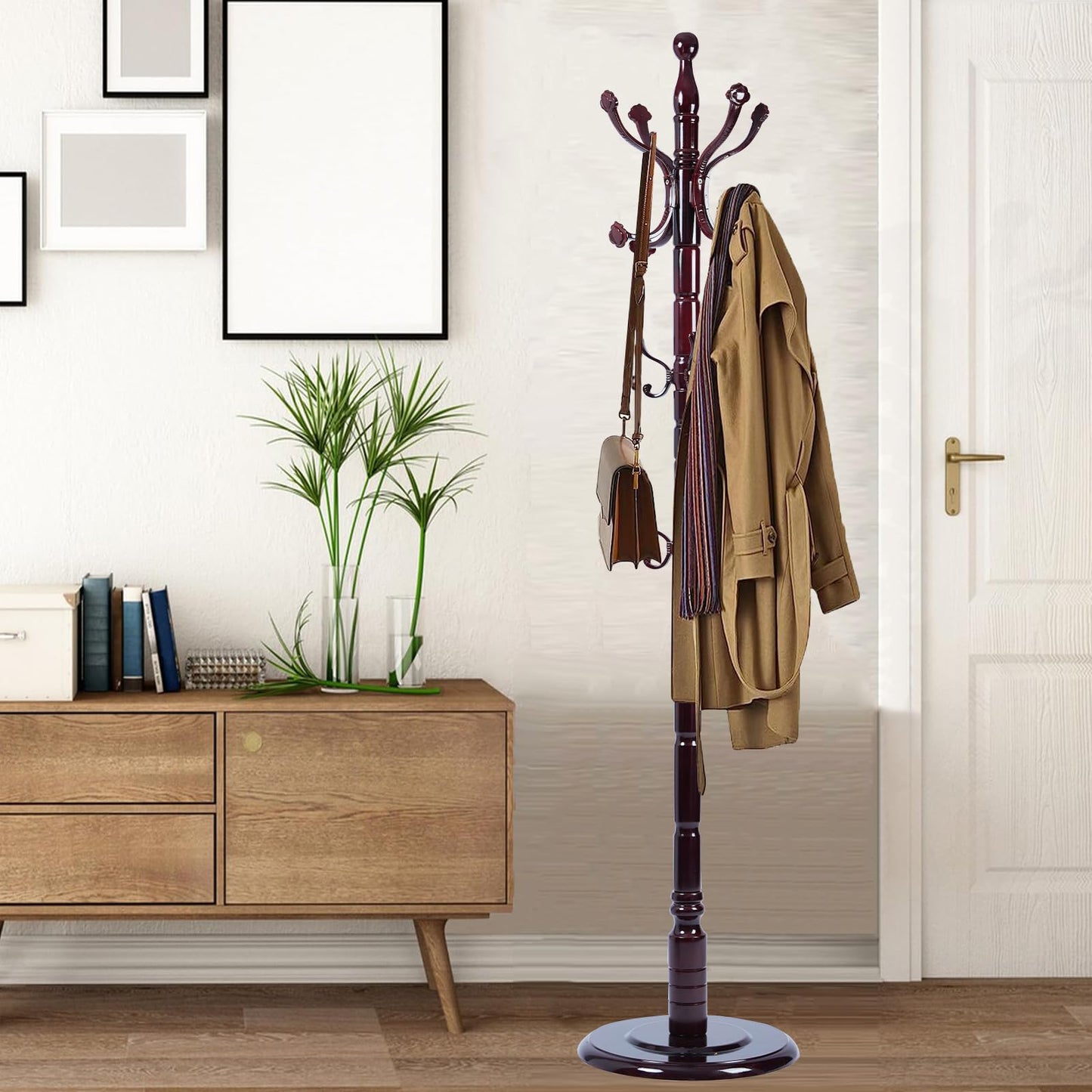 Sauqzoh Coat Racks Free Standing with 14 Hooks, Natural Wood Coat Stands for Entryway, Adjustable Height 72 in Tree Coat Rack Stand for Hallway Home Office Bedroom (Mahogany Ruyi)