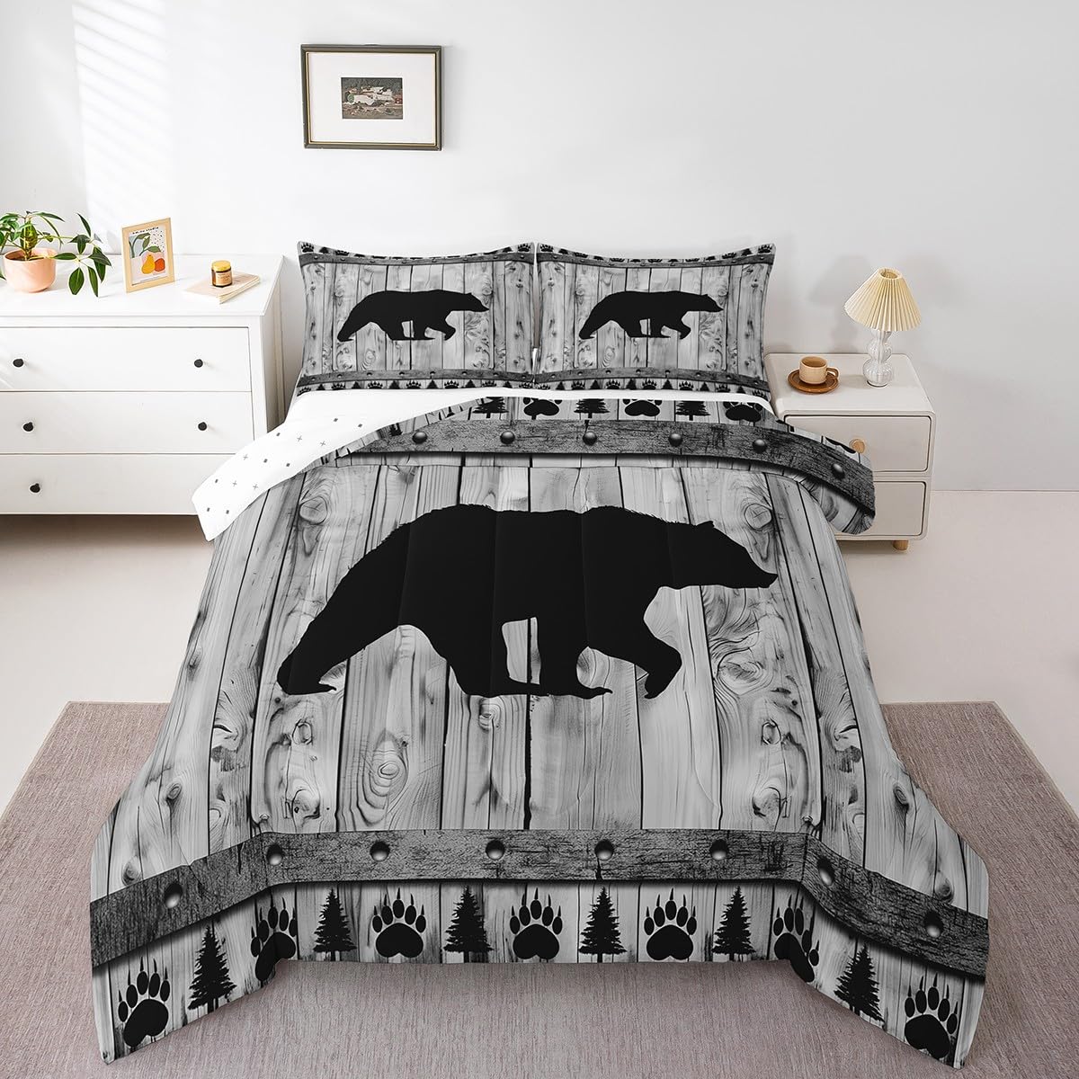 Bear Comforter Set Twin Size,Rustic Farmhouse Wood Cabin Bedding Set,Wildlife Hunting Quilt Set for Kids Boys Girls Teens Room Decor,Grey Black Pine Trees Pattern Duvet Insert,1 Pillowcase