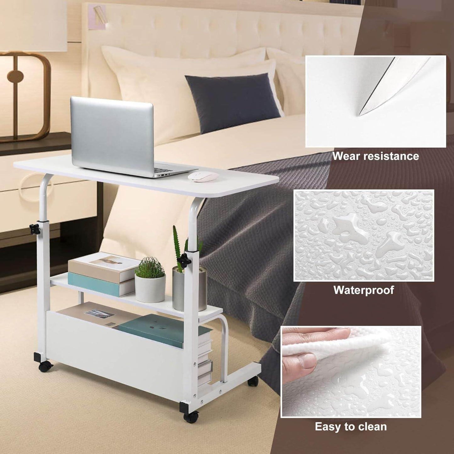 Dekhaoxe Adjustable Height Mobile Computer Desk for Small Space Rolling Writing with Wheels Corner Home Office Study Portable Bedrooms Work Desk Standing Table Sizes 31.5X15.7 Inches White