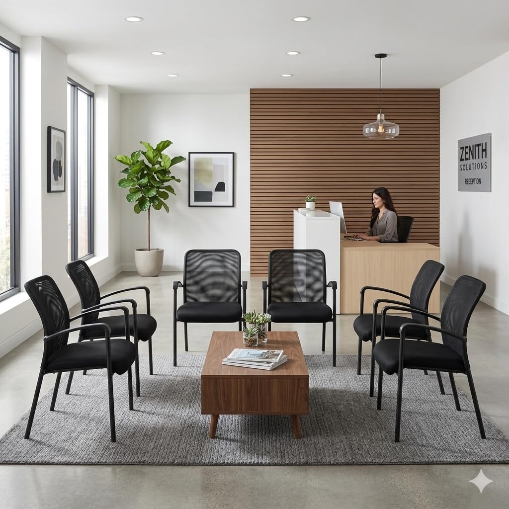 Heavy Duty Mesh Back Guest Chair, Breathable Mesh Seat, Waterfall Edge, Molded Arms, Black Four Leg Frame, GREENGUARD Certified Office Chair