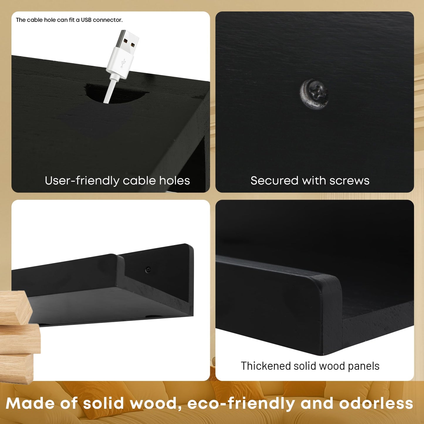 FURAOMEILI Floating Wall Shelves Set of 2, 12-Inch Solid Wood Shelves with Cable Holes, Small Display Shelf for Router, Webcam, Smart Speaker, Camera – Black