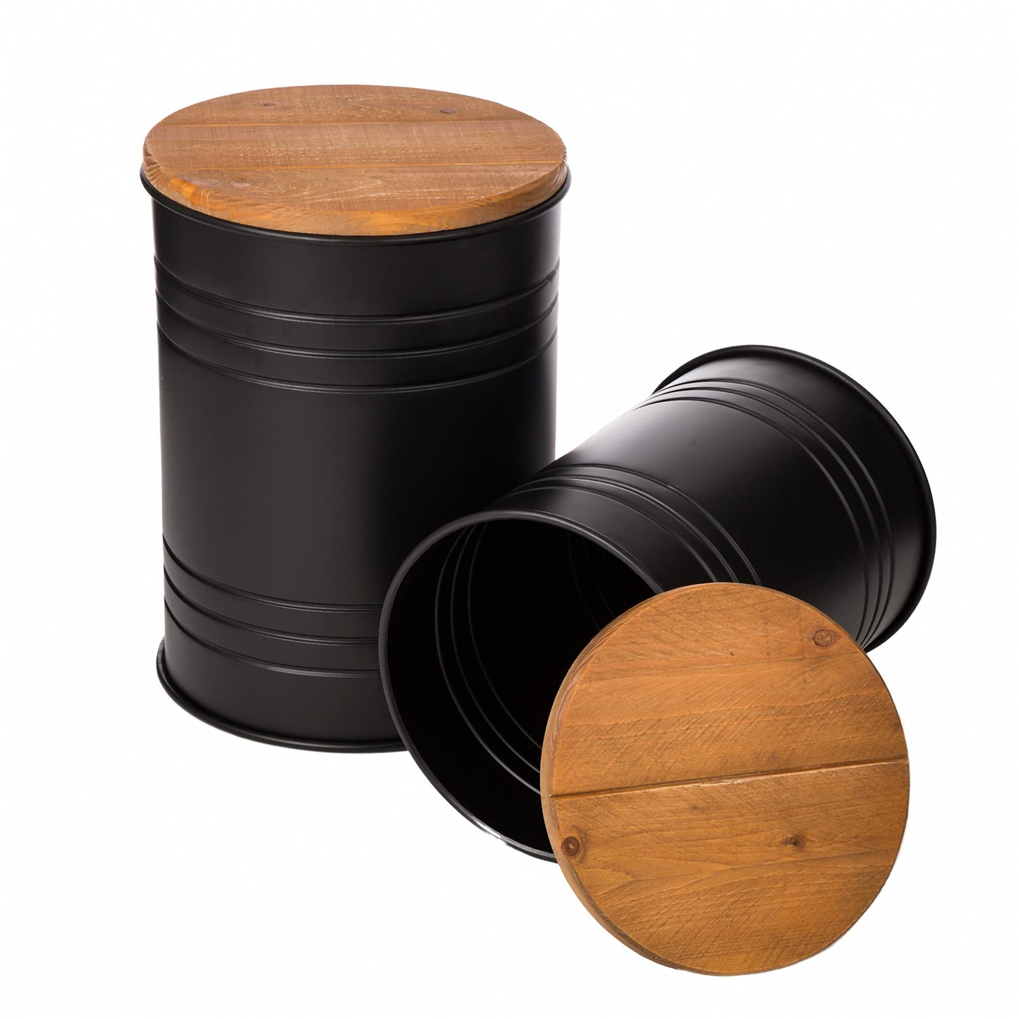 Glitzhome Rustic End Table Set of 2, Farmhouse Galvanized Metal Barrel Ottoman Storage Stool with Round Wood Lid for Living Room Furniture, Black