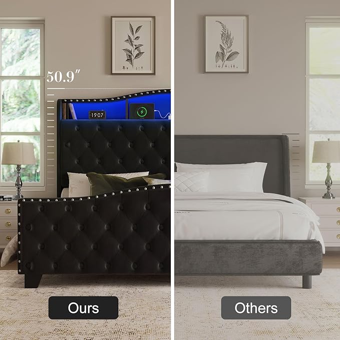 Belffin Queen Size Bed Frame and Headboard, 50.9" Velvet Upholstered Wingback