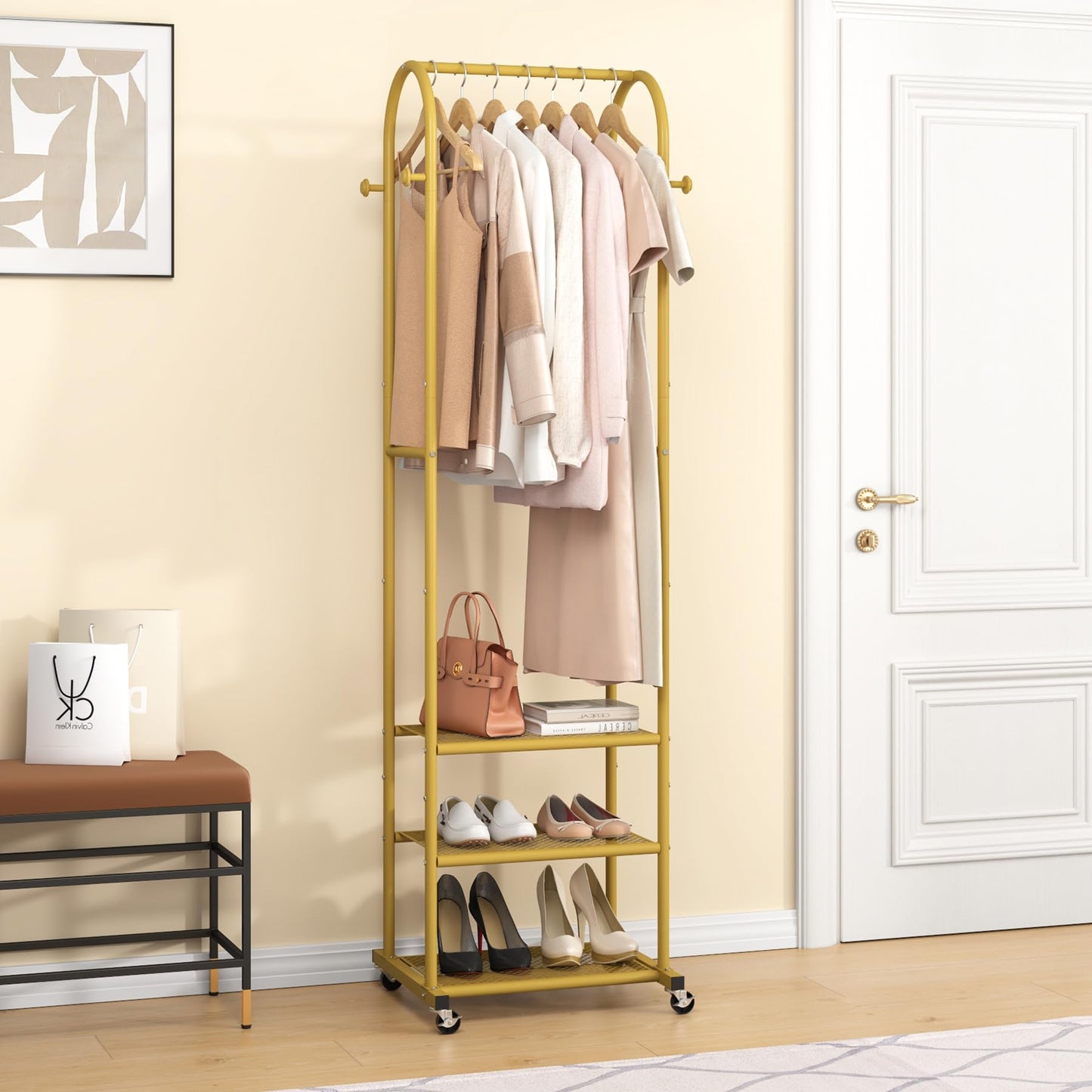 Kaitiemoo Heavy Duty Clothing Rack With Wheels,Modern Garment Rack With 3 Metal Shelves, 71.8Inches Display Rack For Hanging Clothes, Hanging Rod For Small Space,Gold