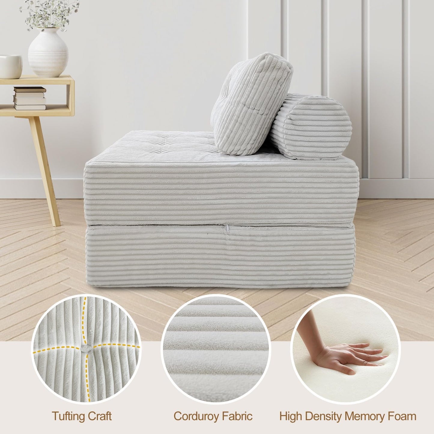 ANONER Memory Foam Folding Sofa Bed, Sectional Couches with Pillow, Futon Floor Couch, Versatile Convertible Sleeper Chair, Boneless Chaise Lounge, Fold Out Chair Bed for Living Room, Beige