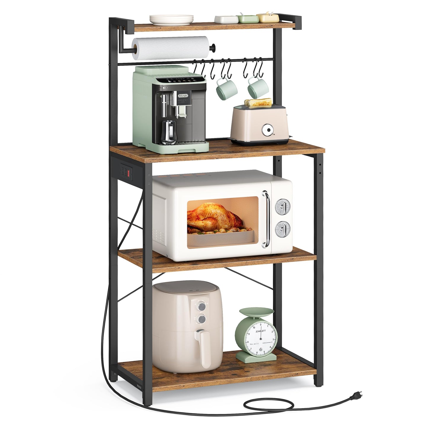 VASAGLE BARNET Collection - Kitchen Bakers Rack with Power Outlet, 23.6-Inch Wide Coffee Bar 4-Tier with 8 S Hooks, Modern Microwave Stand, Adjustable Shelf, Rustic Brown and Ink Black UKKS014K01V1