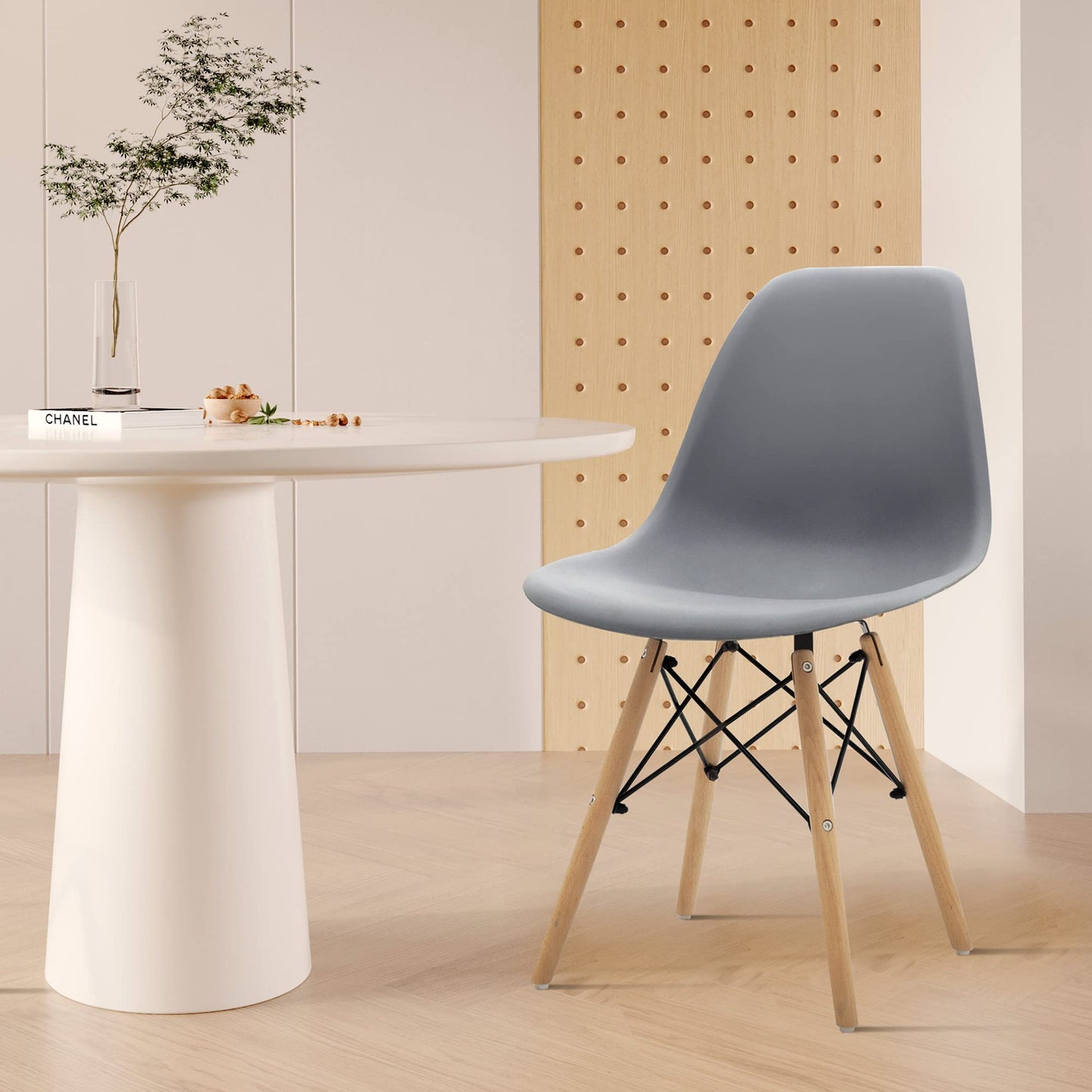 CangLong Modern Mid-Century Shell Lounge Plastic Natural Wooden Legs for Kitchen, Dining, Bedroom, Living Room Side Chairs, Set of 1, Grey