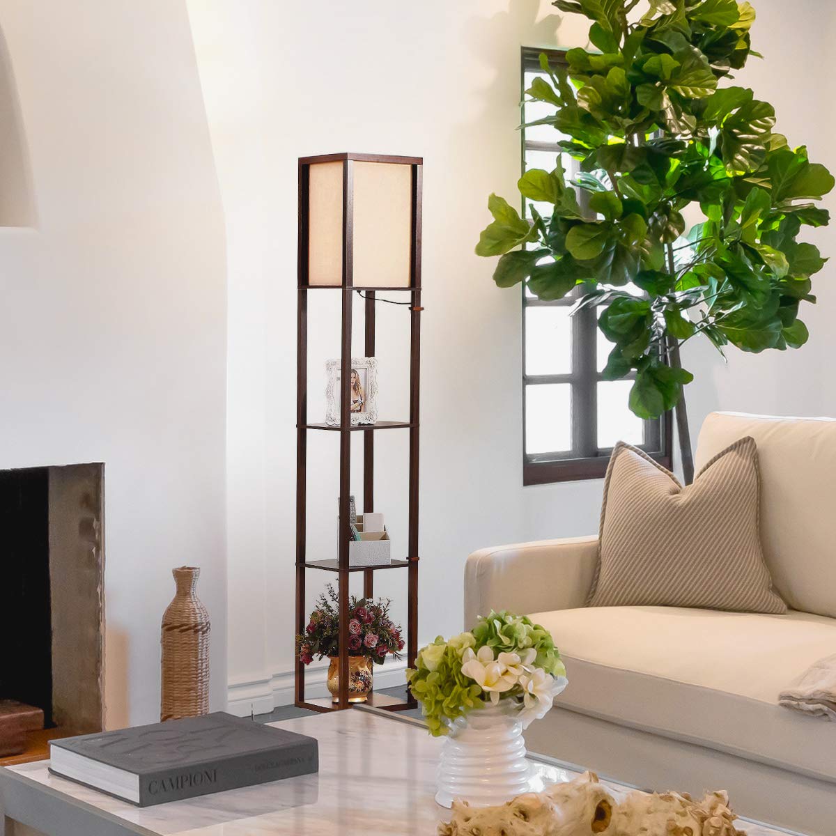 Brightech Maxwell - Modern Shelf Floor Lamp with Lamp Shade & Warm White LED Bulb, Corner Display Floor Lamp with Shelves for Living Room, Bedroom, Nightstand Office, Home Decor Storage - Havana Brown