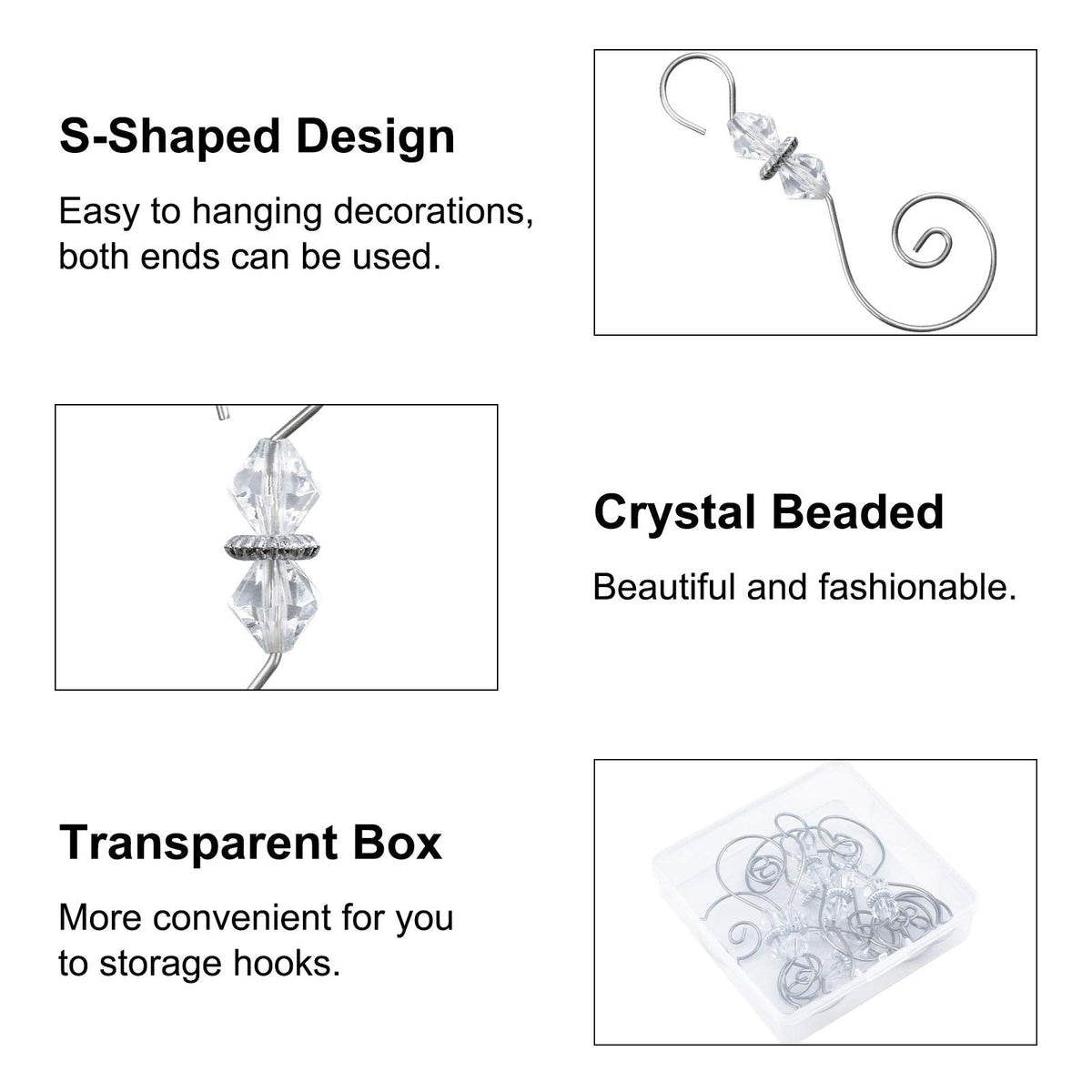 INCREWAY Ornament Hooks, 30 PCS Silver S-Shaped Hangers Hook Swirl Christmas Tree Hanger Metal Hooks with Crystal Beaded