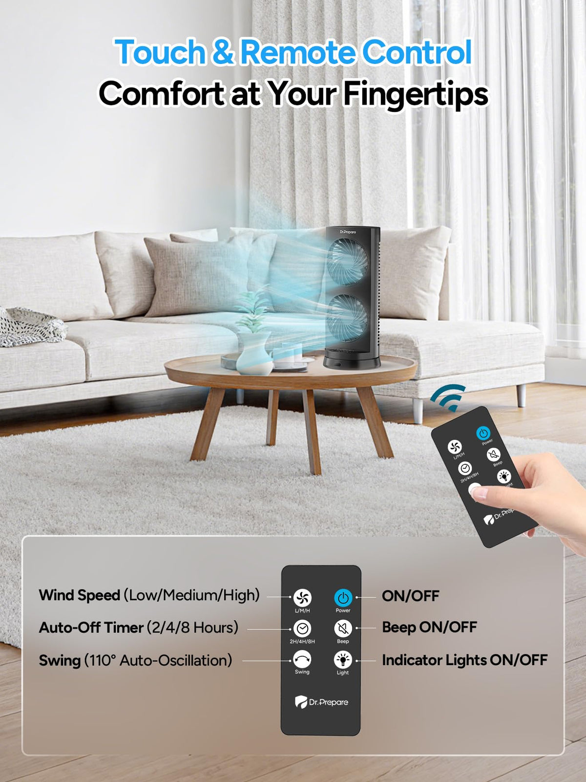 DR.PREPARE Desk Fan USB DC Tower Cooling Fan with Remote Control, DC Motor Portable Oscillating Fan, 3 Speeds, Dual Air Circulation, 110° Oscillation, Table Fan for Bedroom Dorm Room Office Desktop