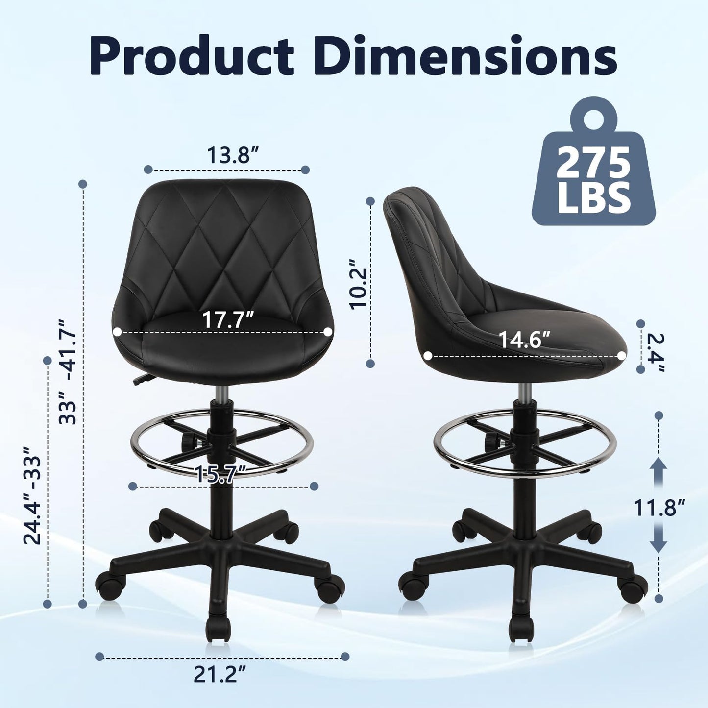 KLASIKA Drafting Chair with Back, Leather Rolling Swivel Stool with Adjustable Height and Footrest, Ergonomic Tall Standing Desk Office Chairs with Wheels for Home Work Shop Kitchen Bar, 1PK