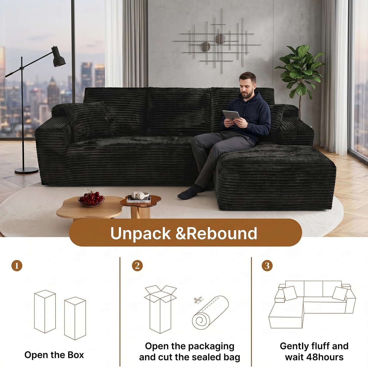 L-Shaped Sectional Sofa Corduroy Couch, All Sponge No Frame No Springs Sofa, Modern Modular Fabric Sofa with Pillows for Living Room Bedroom Apartment (Black（R） Right Chaise)