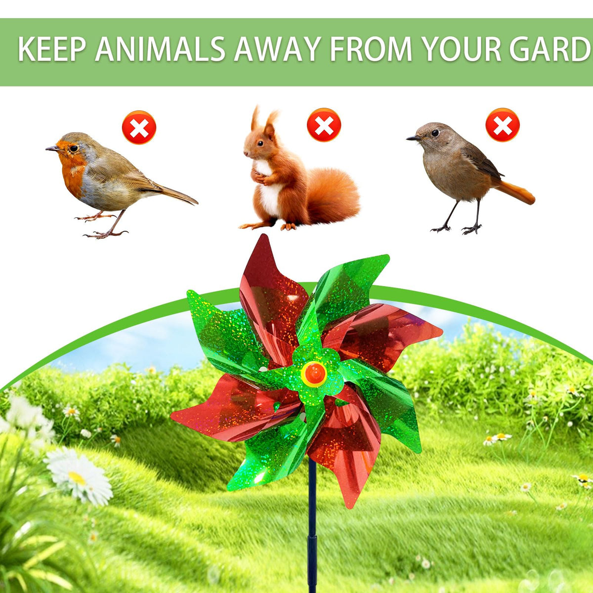 10 Pieces 21 Inches Red and Green Reflective Pinwheels with Stakes, Windmill Wind Spinners for Outdoor Garden Lawn Yard Decor, Christmas Decoration, Large Foil Pin Wheels for Bird and Animal Deterrent