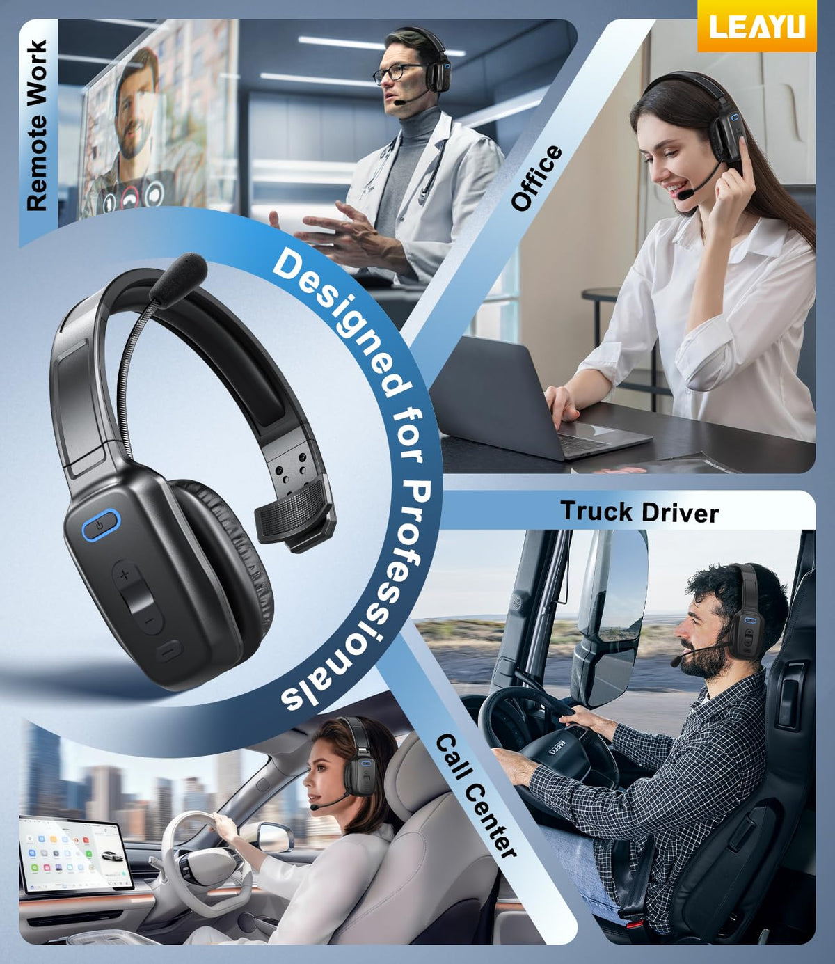 Bluetooth Headset, 60hrs AI Noise Canceling V5.2 Over Head Headphones, Single Ear Trucker Wireless Headset with Mic, Mute Button, Multipoint, for Phones PC Computer Truck Driver Office Work - Black