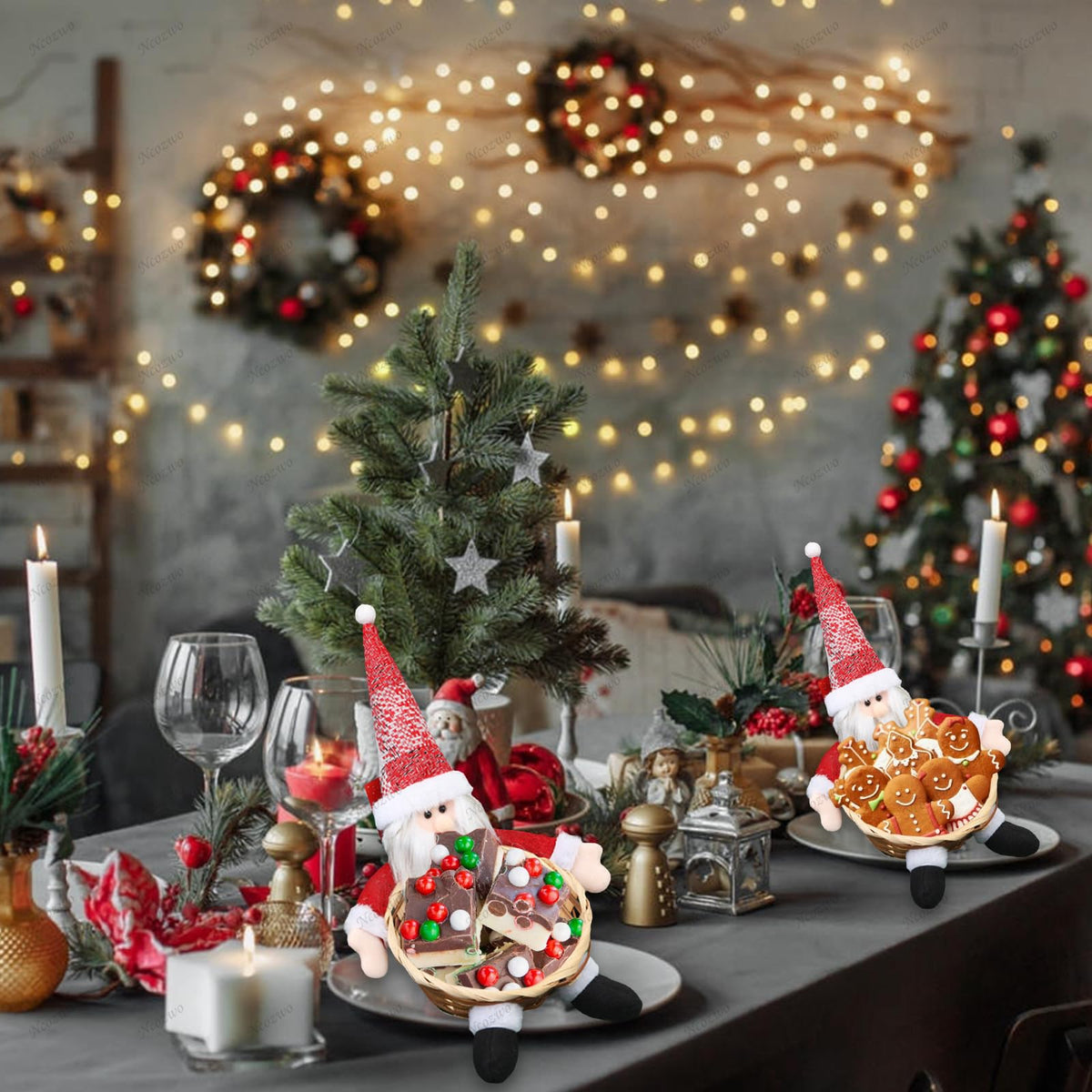 Ncozwo Christmas Candy Cookies Storage Basket Santa Claus Sweets Woven Holder Basket Xmas Snacks Bowl Candy Dish Gingerbread Chocolate Dessert Baskets for Party Winter Holiday Table Desk Decoration