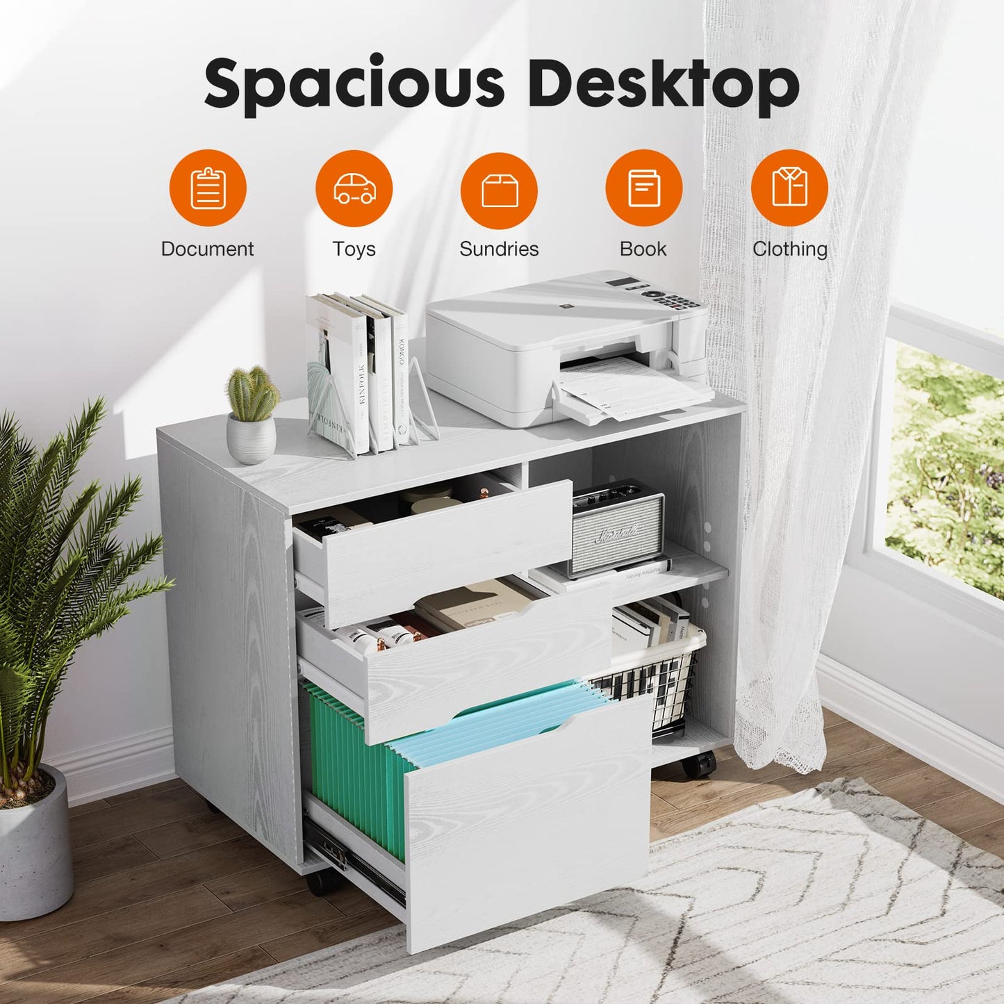 UOCFYK File Cabinet with 3 Drawers, Mobile Lateral Filing Cabinet with Open Storage Shelves for Home Office Under Desk Storage, White