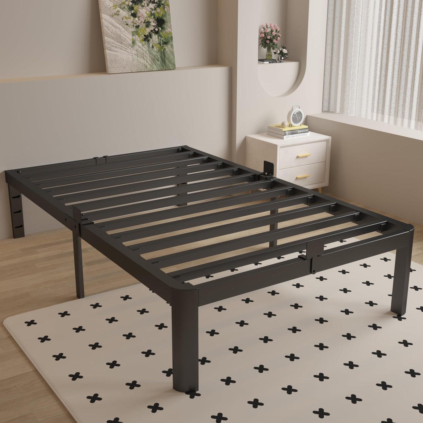 KOSOSO 16 Inch Twin Bed Frames with Metal Baffles, Black Twin Metal Bed Frame No Box Spring Needed, Heavy Duty Steel Supprt to 3500LBS, Rounded Corner Design, Noiseless, Easy Assembly