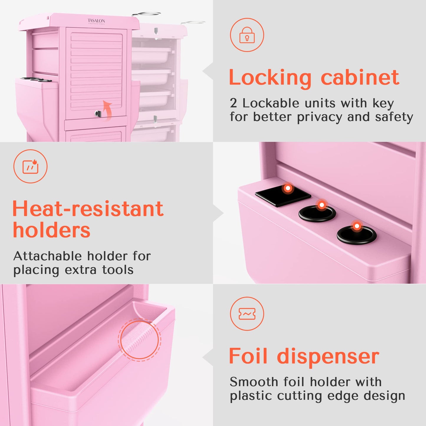 TASALON Professional Salon Trolley Cart, Lockable 6 Trays & 2 Holders, Space Saving Mobile Storage for Hair Salon and Beauty Station - Pink