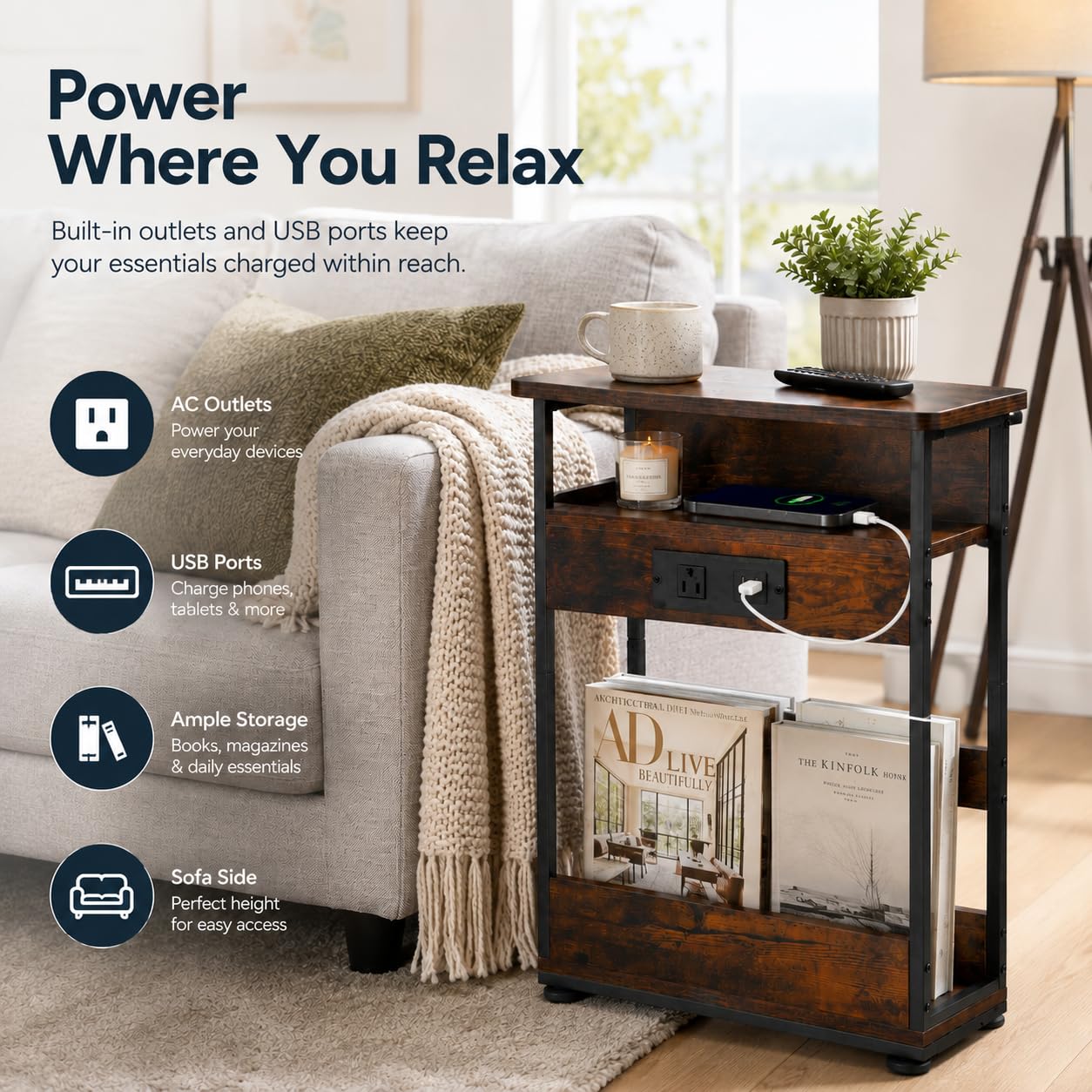 Narrow Side Table With Charging Station, 3-Tier End Table with 2 USB Ports & Power Outlets,Thin Sofa Side Table for Narrow and Small Spaces, Bedside Table Nightstand for Living Room,Rustic Brown