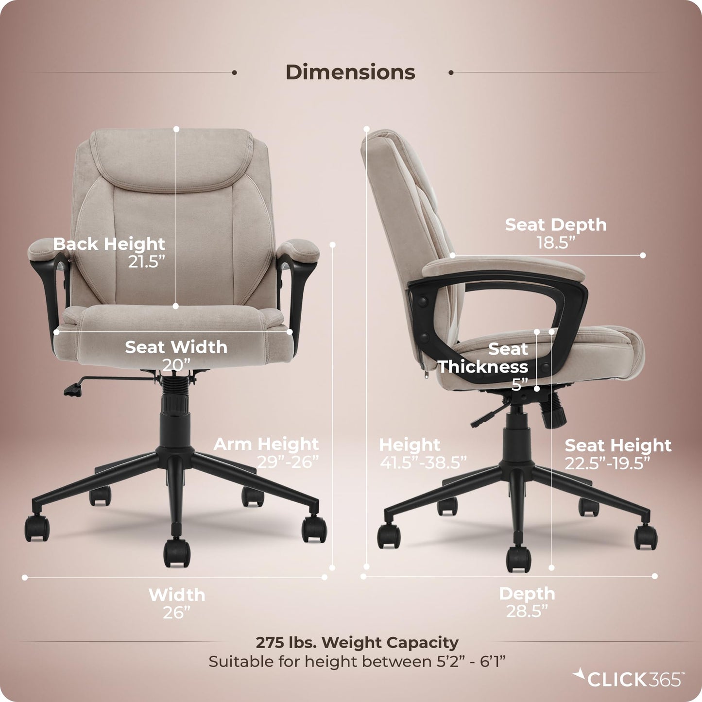 Click365 Transform 1.0 Ergonomic Office Chair, Mid Back Desk Chair with Padded Arms, Lumbar Support, Adjustable Height, Tilt Recline, Swivel Computer Chair, Fabric, Beige