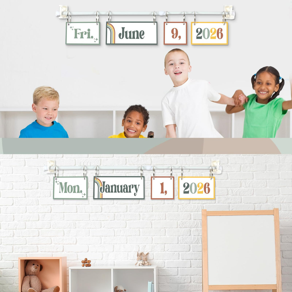 Boho Green Flip Calendar Bulletin Board Set Sage Green Calendar for Classroom Whiteboard Decor with 2026 to 2030 Years Date Cards and Adjustable Rod for Home Elementary Back to School Teacher Supplies