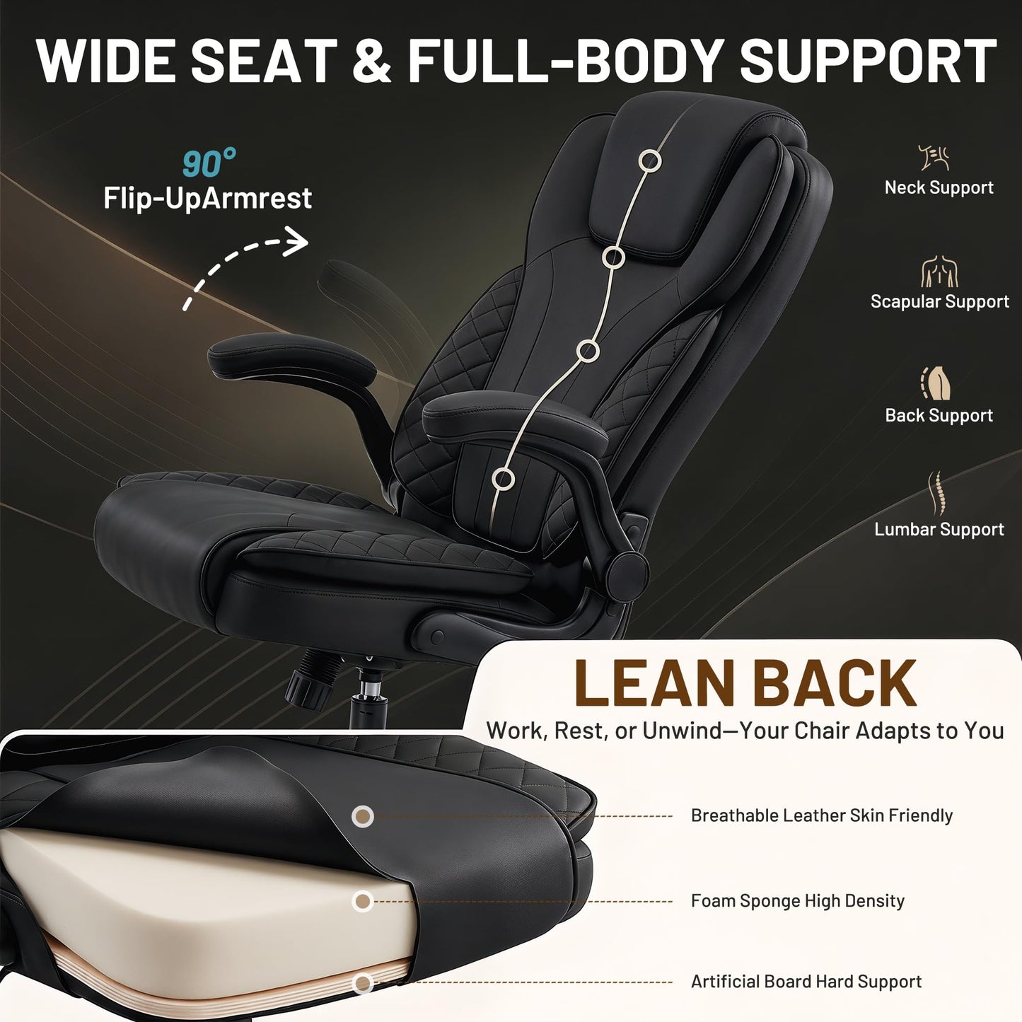 Hayelf Ergonomic Office Chair, PU Leather High Back Executive Chair with Adjustable Inflatable Lumbar Support and Padded Flip-Up Arms, Recline Swivel Task Computer Chair for Home Office, Black