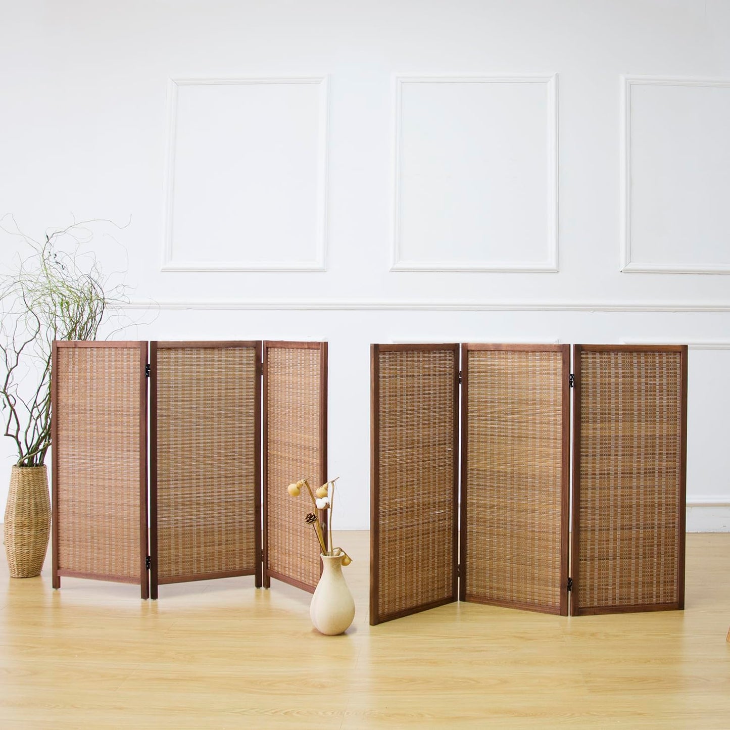 Furnnylane 3 Panel Detachable Room Divider, 5.6 ft Tall Two in One Bamboo Privacy Screen (Converts into 2 Low Dividers), Folding Panel Divider for Room Separation, Natural Brown (67" H x 46" W)