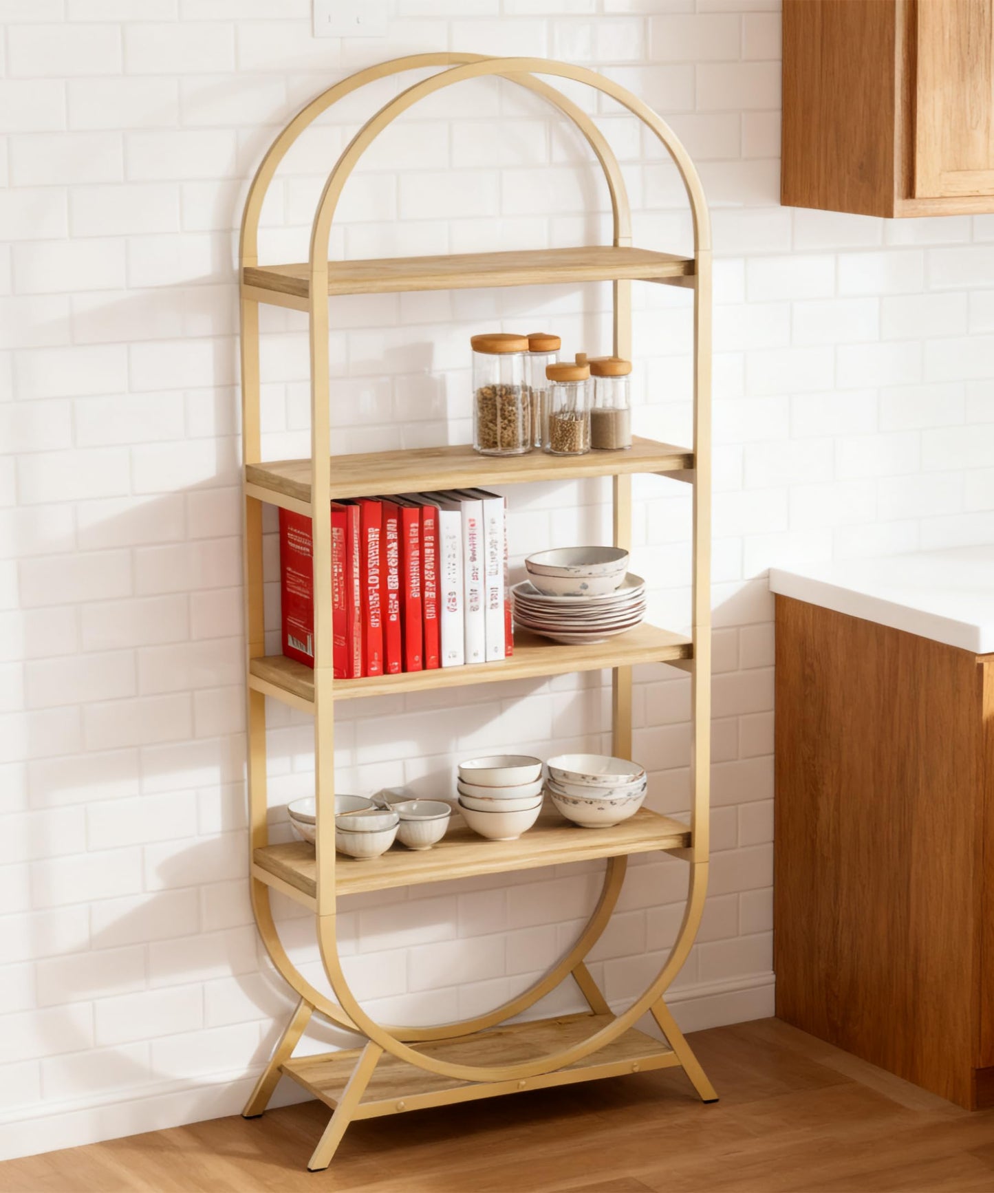 BIASUNS Arched Bookshelf,5-Tier Tall Wide Open Bookshelf,Modern Brown Storage Bookshelves, Freestanding Display Rack Shelving Unit for Office, Bedroom, Living Room, Easy Assembly, Brown