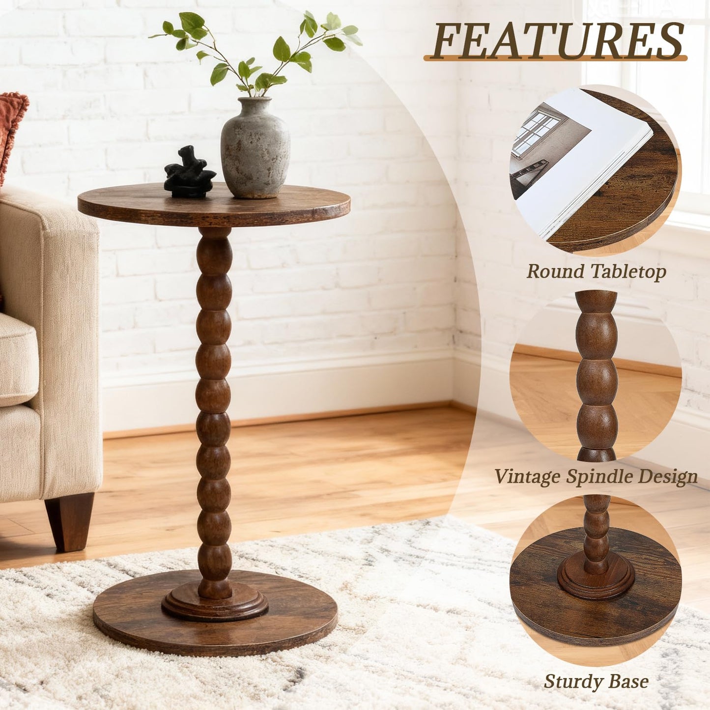 FIAHOSEY Small Walnut Drink Table - 22.56" Tall Vintage Bobbin End Table for Small Spaces, Dark Wood Pedestal Accent Table for Living Room, Classic Martini Table