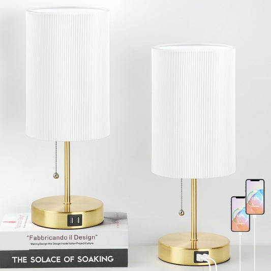 Lakumu 2 Sets Table Lamps with 2 USB, Minimalist Beside Lamps for Bedroom, Nightstand Lamp with Pull Chain, Desk Lamps with White Pleated Shade and Gold Metal Base for Living Room Dorm Reading Hotel
