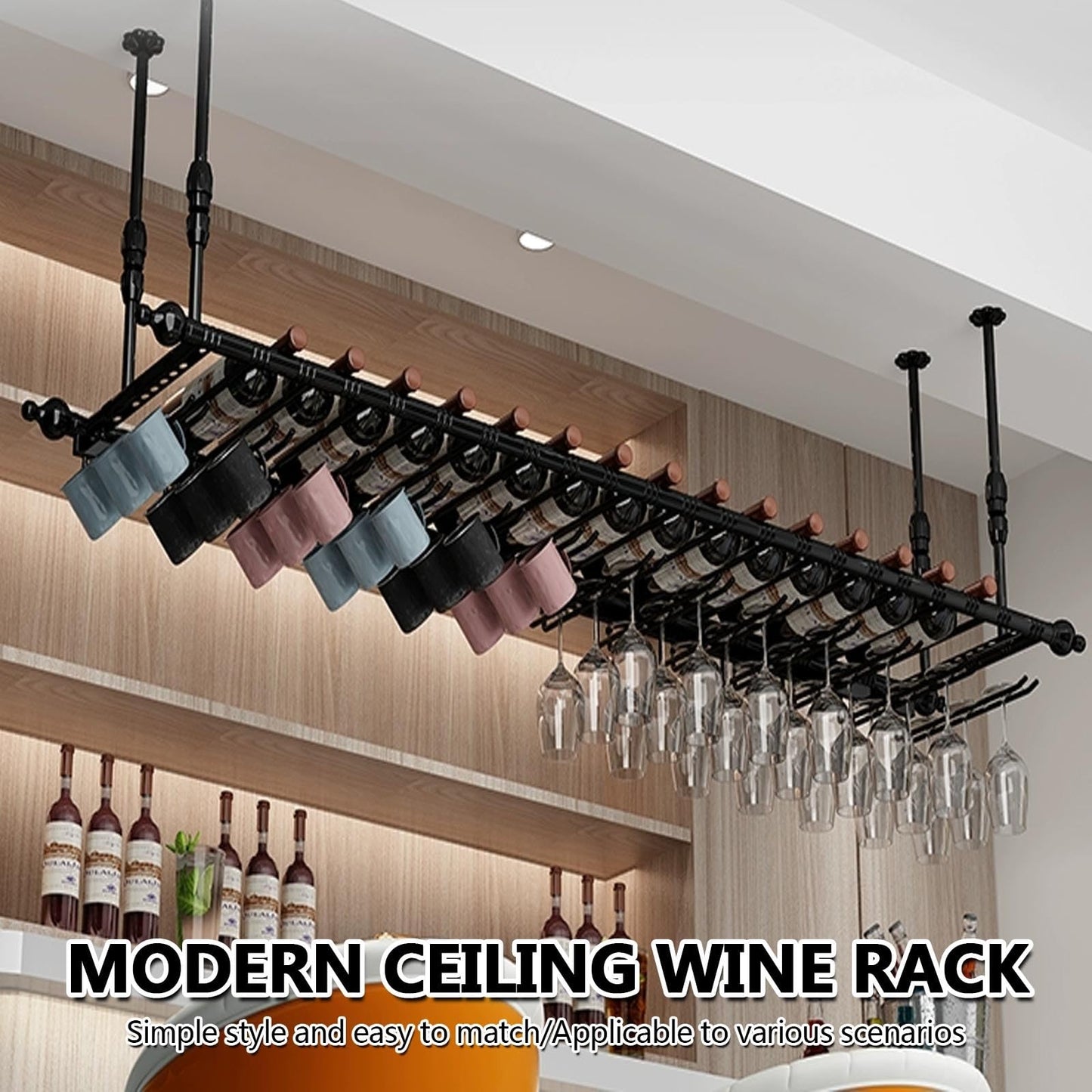 Bar Hanging cafe Wine Bottles Racks, Modern Stylish ceiling shelf Wine Racks for Home Display, Metal wall mounted Wine Bottle Glass Holder, Floating Storage Shelves Wine Cups Hanging rack(Brown,80cm)