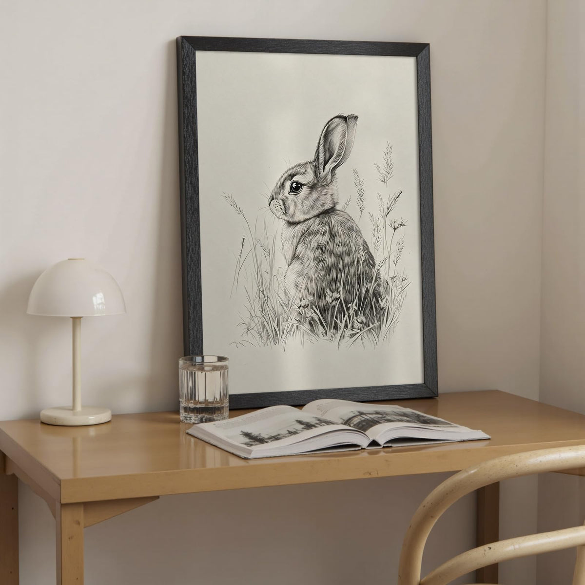 Wild Rabbit Wall Art, 12X16 Inch Black Framed Nature Wildlife Art Poster, Black And White Animal Canvas Print, Farmhouse Wall Decor For Living Room Bedroom Office Ready To Hang