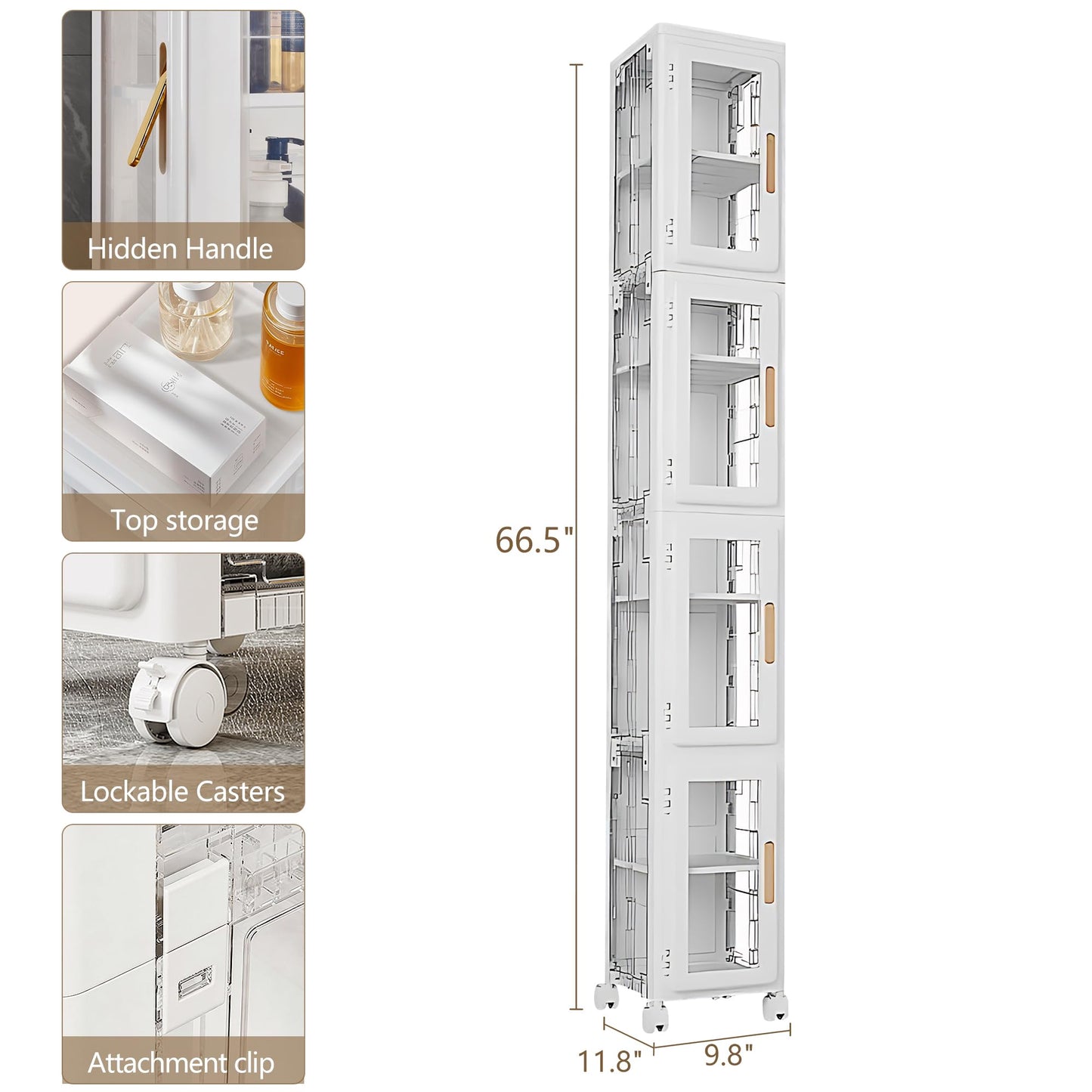 VECELO 4 Tier Tall Plastic Slim Storage Cabinet with Lockable Wheels, Adjustable Shelves, Anti-Tip for Bathroom, Living Room, Laundry Room, Kitchen, Narrow/Small Space, Easy Assembly, Clear