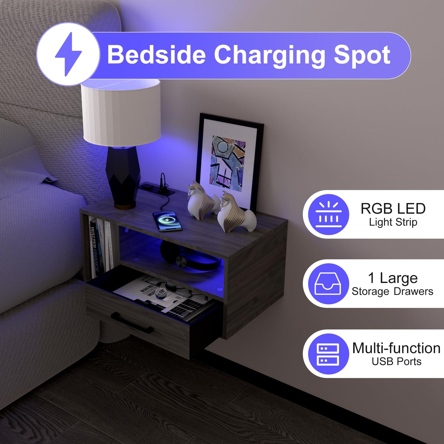Homaterial Floating Nightstand with Charging Station and LED Lights, Floating Bedside Table with Drawers Wall Mounted Nightstands,for Bedroom Room, 21.3" x 11.8" x 10",Grayish Brown