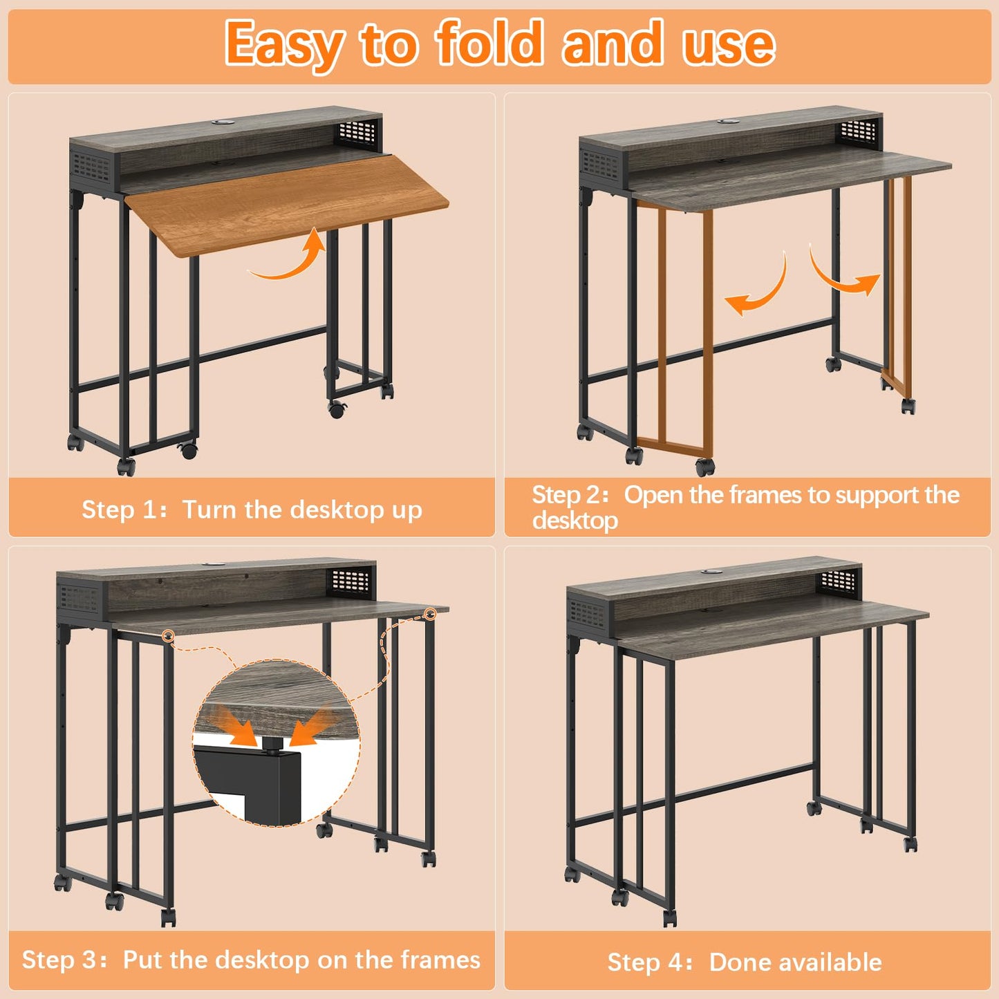 Gezen Folding Desk with Storage Shelf, Small Rolling Desk with Wheels, Mobile Sofa Side Table for Home Office Small Space, Dark Grey, 31.5"